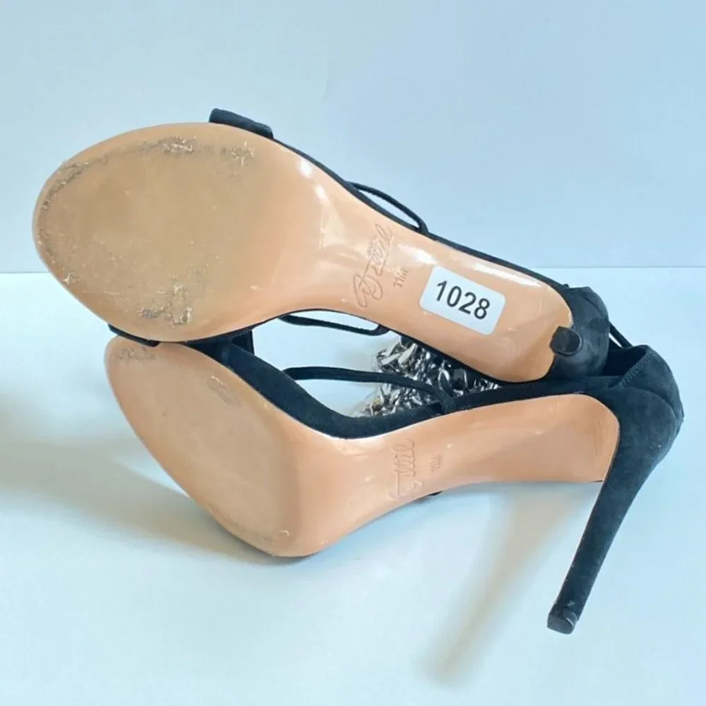 AMINAH ABDUL JILLIL Black Suede Ankle Strap Heels With Silver Chain Detail, size - Picture 9 of 10